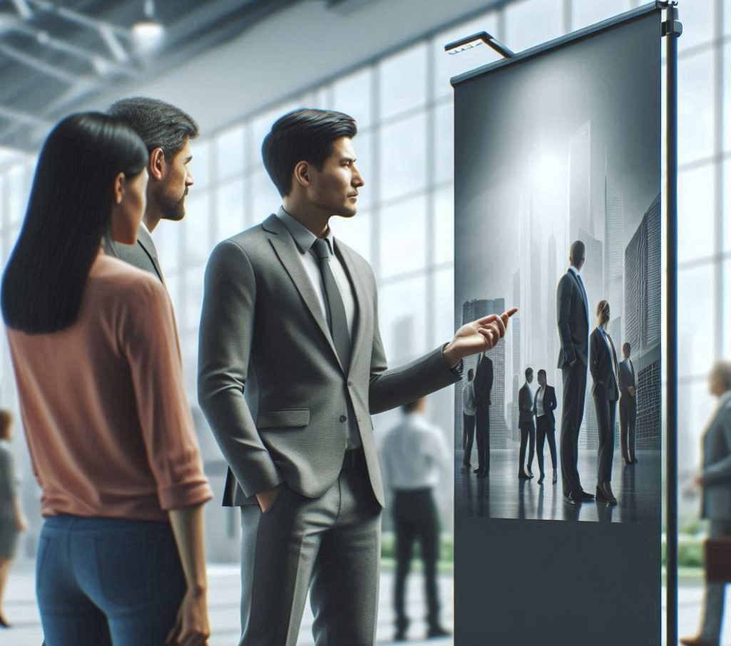 retractable banner at a trade show people staring at the sign