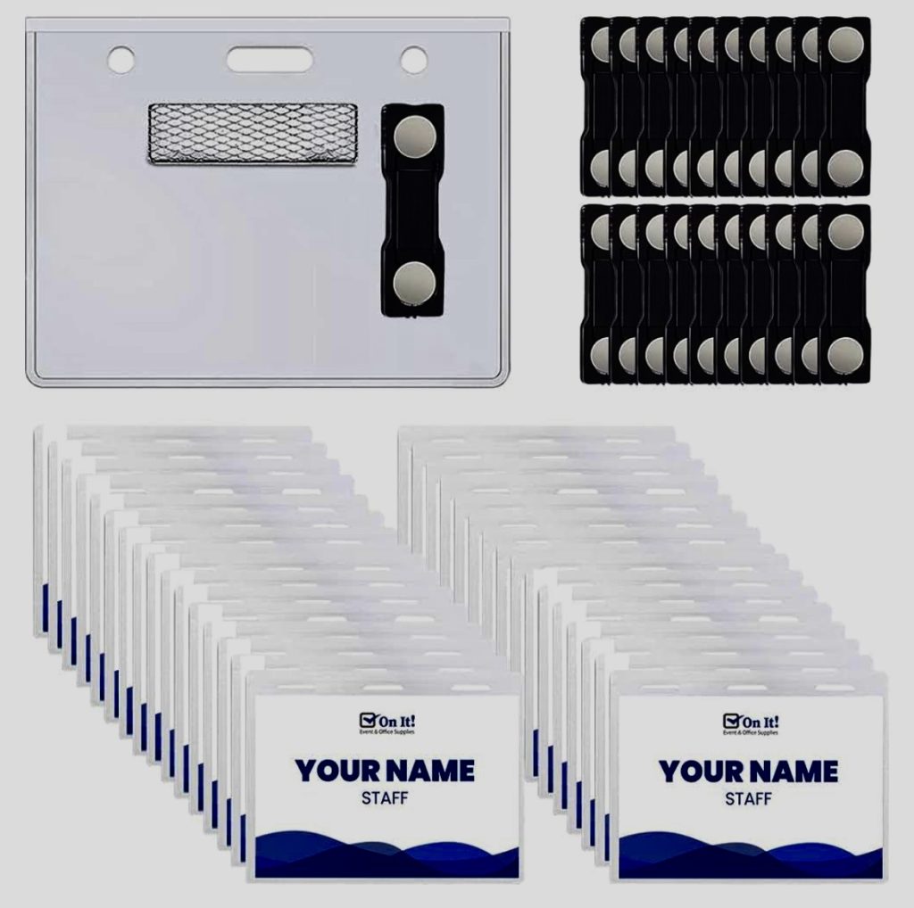 name badge at a trade show is shown front and back