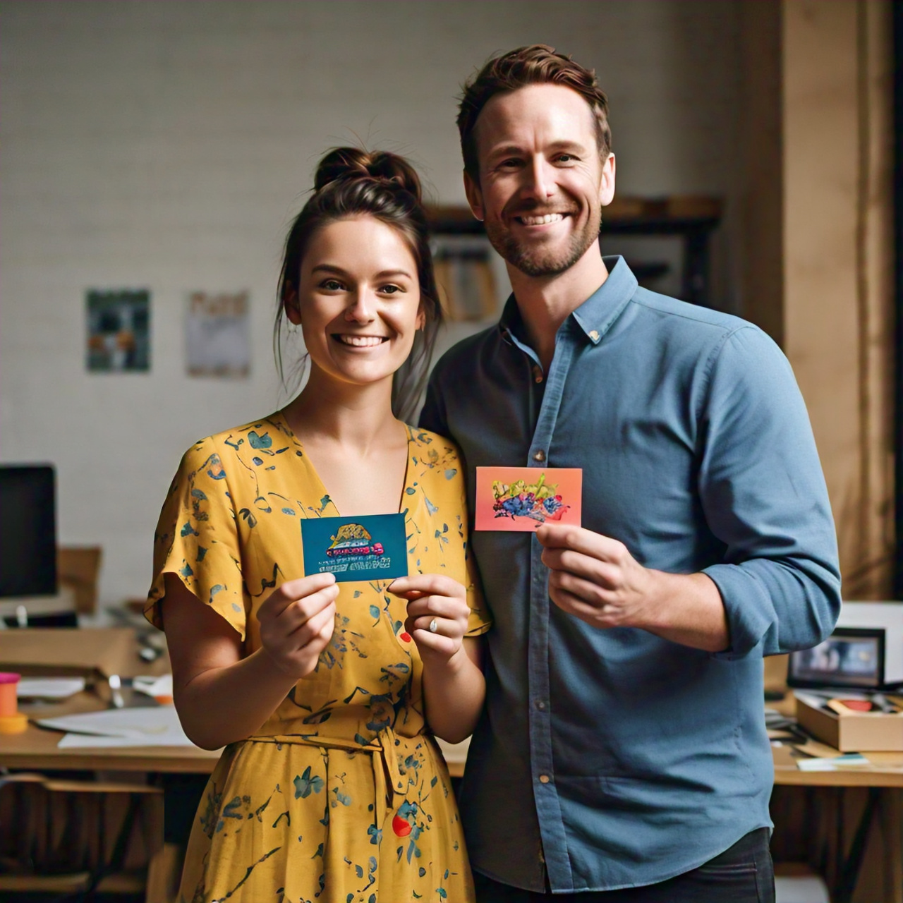 a_35_year_old_white_man_and_a_30_year_old_woman_both_holding_colorful_business_cards_they_are_very_happy_they_came_out_good (1)