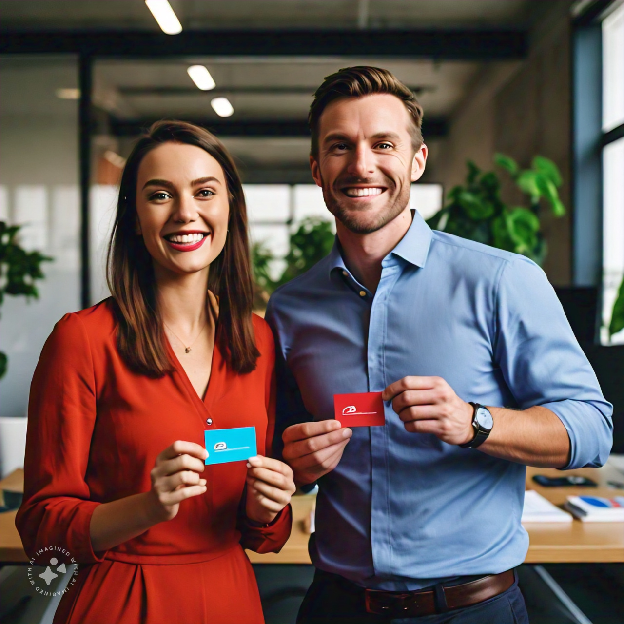 man and woman holding business cards very happy that the printer did a great job